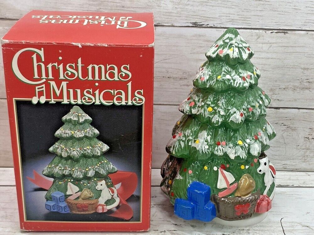 Vintage MUSICAL Flocked Christmas Tree Rotating Christmas Musicals Ceramic